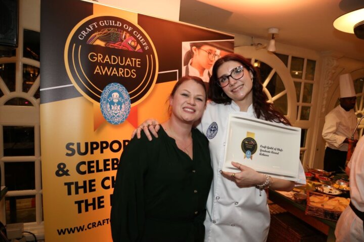 Craft Guild of Chefs Graduate Awards 2024 - Pastry Highest Achiever Irene Magro with Sarah Frankland